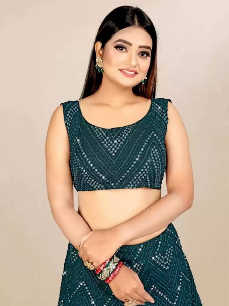 Bottle green 3mm sequins and Thread embroidered Georgette fabric lehenga choli