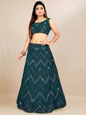 Bottle green 3mm sequins and Thread embroidered Georgette fabric lehenga choli 6