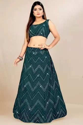 Bottle green 3mm sequins and Thread embroidered Georgette fabric lehenga choli