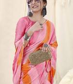 Pink Chiffon Foil Laheriya Print Sequence Lace Saree With Unstitched Blouse Piece
