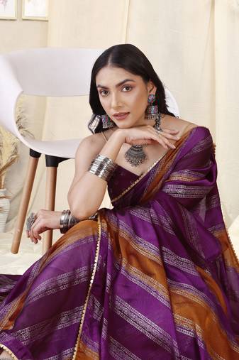 Purple Chiffon Foil Laheriya Print Sequence Lace Saree With Unstitched Blouse Piece