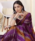 Purple Chiffon Foil Laheriya Print Sequence Lace Saree With Unstitched Blouse Piece