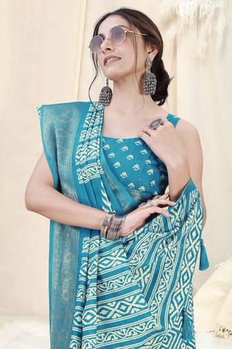 Turquoise Silk Blend Geometric Print Woven Zari Border/Tassels Saree With Unstitched Blouse Piece