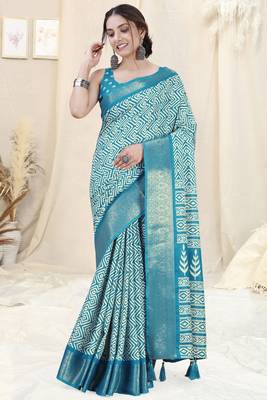 Turquoise Silk Blend Geometric Print Woven Zari Border/Tassels Saree With Unstitched Blouse Piece 2