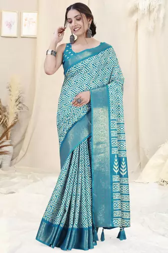 Turquoise Silk Blend Geometric Print Woven Zari Border/Tassels Saree With Unstitched Blouse Piece