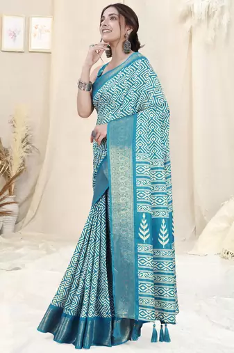 Turquoise Silk Blend Geometric Print Woven Zari Border/Tassels Saree With Unstitched Blouse Piece