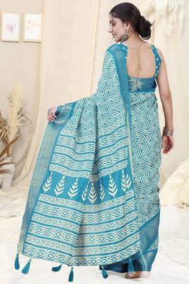 Turquoise Silk Blend Geometric Print Woven Zari Border/Tassels Saree With Unstitched Blouse Piece 4