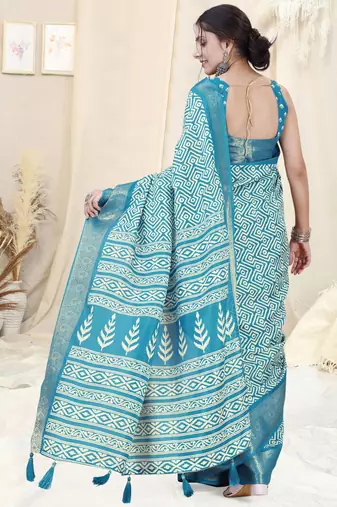 Turquoise Silk Blend Geometric Print Woven Zari Border/Tassels Saree With Unstitched Blouse Piece