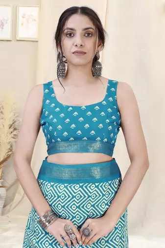 Turquoise Silk Blend Geometric Print Woven Zari Border/Tassels Saree With Unstitched Blouse Piece