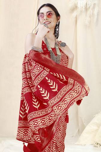 Red Silk Blend Geometric Print Woven Zari Border/Tassels Saree With Unstitched Blouse Piece