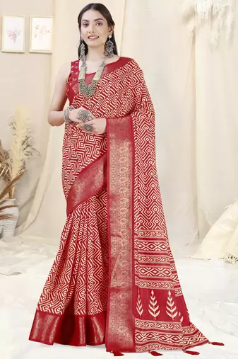 Red Silk Blend Geometric Print Woven Zari Border/Tassels Saree With Unstitched Blouse Piece
