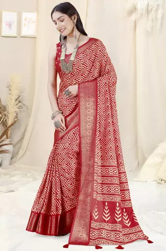 Red Silk Blend Geometric Print Woven Zari Border/Tassels Saree With Unstitched Blouse Piece