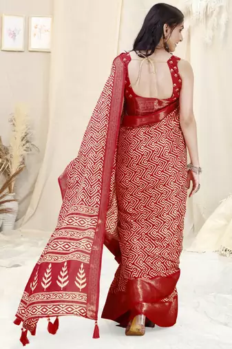 Red Silk Blend Geometric Print Woven Zari Border/Tassels Saree With Unstitched Blouse Piece