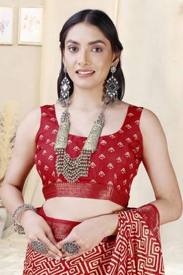Red Silk Blend Geometric Print Woven Zari Border/Tassels Saree With Unstitched Blouse Piece 5