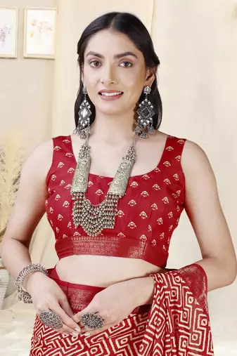 Red Silk Blend Geometric Print Woven Zari Border/Tassels Saree With Unstitched Blouse Piece