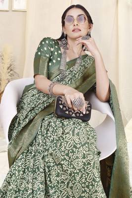 Dusty green silk blend ethnic motifs woven zari border/tassels saree with unstitched blouse piece 1