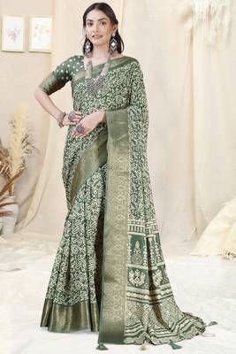 Dusty green silk blend ethnic motifs woven zari border/tassels saree with unstitched blouse piece 2