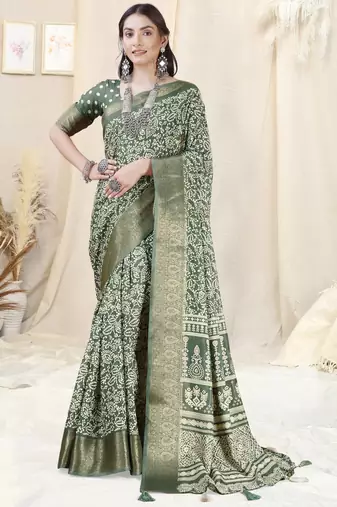 Dusty green silk blend ethnic motifs woven zari border/tassels saree with unstitched blouse piece