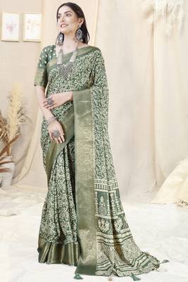 Dusty green silk blend ethnic motifs woven zari border/tassels saree with unstitched blouse piece 3