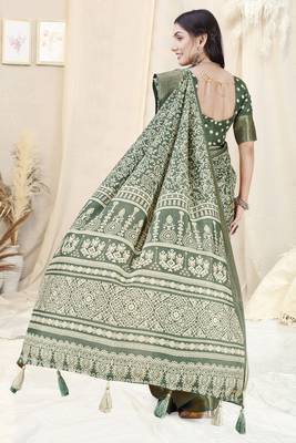 Dusty green silk blend ethnic motifs woven zari border/tassels saree with unstitched blouse piece 4