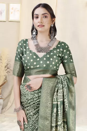 Dusty green silk blend ethnic motifs woven zari border/tassels saree with unstitched blouse piece