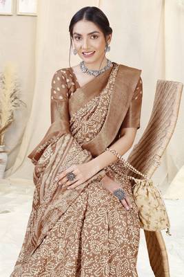 Brown silk blend ethnic motifs woven zari border/tassels saree with unstitched blouse piece 1