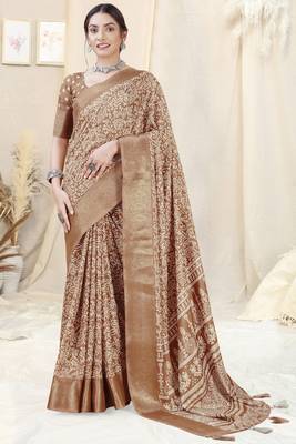 Brown silk blend ethnic motifs woven zari border/tassels saree with unstitched blouse piece 2