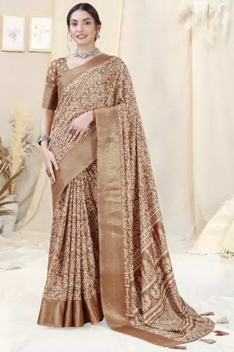 Brown silk blend ethnic motifs woven zari border/tassels saree with unstitched blouse piece