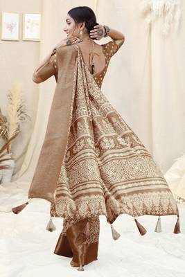 Brown silk blend ethnic motifs woven zari border/tassels saree with unstitched blouse piece 4