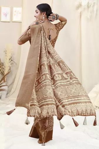Brown silk blend ethnic motifs woven zari border/tassels saree with unstitched blouse piece