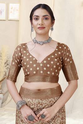 Brown silk blend ethnic motifs woven zari border/tassels saree with unstitched blouse piece 5