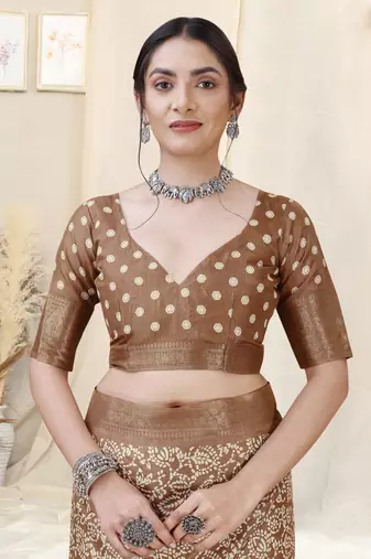Brown silk blend ethnic motifs woven zari border/tassels saree with unstitched blouse piece
