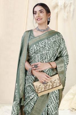 Dusty Teal Silk Blend Batik Print/Block Print Woven Zari Border/Tassels Saree With Unstitched Blouse Piece 1