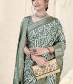 Dusty Teal Silk Blend Batik Print/Block Print Woven Zari Border/Tassels Saree With Unstitched Blouse Piece