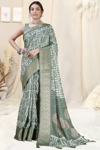 Dusty Teal Silk Blend Batik Print/Block Print Woven Zari Border/Tassels Saree With Unstitched Blouse Piece