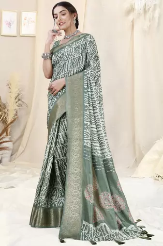 Dusty Teal Silk Blend Batik Print/Block Print Woven Zari Border/Tassels Saree With Unstitched Blouse Piece