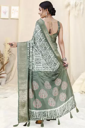 Dusty Teal Silk Blend Batik Print/Block Print Woven Zari Border/Tassels Saree With Unstitched Blouse Piece