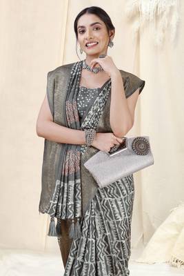 Grey Silk Blend Batik Print/Block Print Woven Zari Border/Tassels Saree With Unstitched Blouse Piece 1