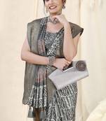 Grey Silk Blend Batik Print/Block Print Woven Zari Border/Tassels Saree With Unstitched Blouse Piece