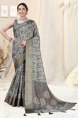 Grey Silk Blend Batik Print/Block Print Woven Zari Border/Tassels Saree With Unstitched Blouse Piece 2