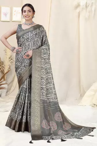 Grey Silk Blend Batik Print/Block Print Woven Zari Border/Tassels Saree With Unstitched Blouse Piece