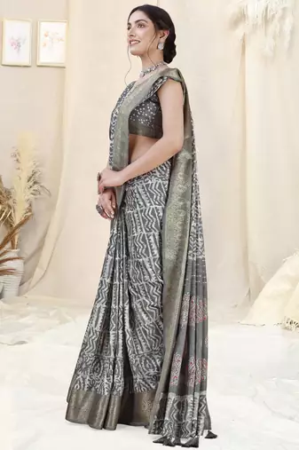 Grey Silk Blend Batik Print/Block Print Woven Zari Border/Tassels Saree With Unstitched Blouse Piece