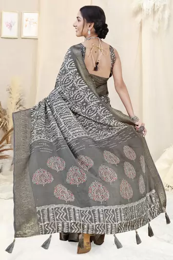 Grey Silk Blend Batik Print/Block Print Woven Zari Border/Tassels Saree With Unstitched Blouse Piece