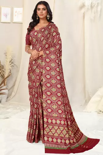 Maroon Silk Blend Foil Patola Print Saree With Unstitched Blouse Piece