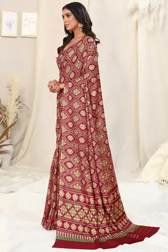 Maroon Silk Blend Foil Patola Print Saree With Unstitched Blouse Piece