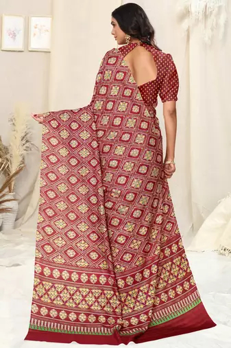 Maroon Silk Blend Foil Patola Print Saree With Unstitched Blouse Piece