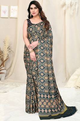 Navy Blue Silk Blend Foil Patola Print Saree With Unstitched Blouse Piece 1