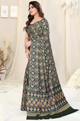 Navy Blue Silk Blend Foil Patola Print Saree With Unstitched Blouse Piece