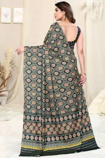 Navy Blue Silk Blend Foil Patola Print Saree With Unstitched Blouse Piece