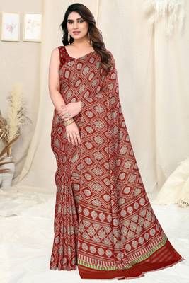 Red Silk Blend Foil Patola Print Saree With Unstitched Blouse Piece 2